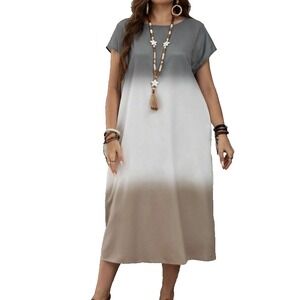 Emery Rose‎ Women's Short Sleeve Ombre Color Block Round Neck Shirt Dress Large